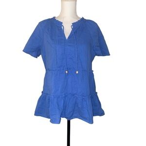 Wonderly French Blue Beachy Boho Flare Short Sleeve Peasant Blouse Shirt Medium